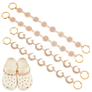 Sun & Moon with Star Shoe Decoration Chain, Alloy Rhinestone Link Shoe Chain,  with Iron Book Binder Hinged Rings, Light Gold, 112~125mm, 2 style, 2pcs/style, 4pcs/set(FIND-AB00020-02)