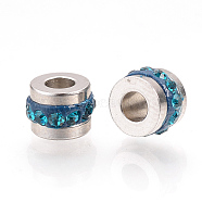 201 Stainless Steel Rhinestone Beads, Column, Blue Zircon, 7x5mm, Hole: 3mm(RB-YWC0001-02D)