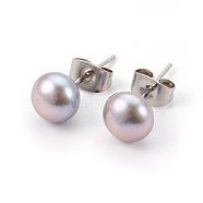 Natural Pearl Beads Ear Studs, with 304 Stainless Steel Findings, Round, Gainsboro, 16~18x5~7mm, Pin: 0.7mm(EJEW-JE02880-01)