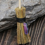 Mini Witch Wiccan Altar Broom with Dyed Natural Crystal  Wand, Halloween Healing Wiccan Ritual Decor, Violet, 150x25mm(PW-WG86457-03)