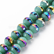 Electroplate Opaque Solid Color Glass Beads Strands, Rainbow Color Plated, Faceted, Round, Turquoise, 10x9.5mm, Hole: 1.4mm, about 39~40pcs/strand, 14.17 inch~14.57 inch(36~37cm)(EGLA-N006-031-B02)