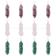 4 Sets Natural Amethyst & Green Aventurin & Rose Quartz Double Terminal Pointed Pendants, Faceted Bullet Charms with Silver Color Plated Eco-Friendly Copper Wire Wrapped, 41x12x11mm, Hole: 3.6mm, 3pcs/set(G-HY0001-40)