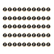 Golden Plated Alloy Charms, with Enamel, Enamelled Sequins, Flat Round, Black, Letter.P, 14x12x2mm, Hole: 1.5mm, 50pcs/Box(ENAM-SZ0001-25B-P)