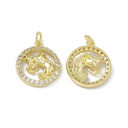 Real 18K Gold Plated Brass Micro Pave Clear Cubic Zirconia Pendants, with Jump Ring, Ring with Constellation Charm, Taurus, 18.5x16x3mm, Hole: 3.4mm(KK-E068-VB409-2)