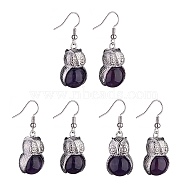 Natural Amethyst Owl Dangle Earrings, Platinum Brass Jewelry for Women, 41mm, Pin: 0.6mm(EJEW-A092-08P-13)