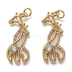 Brass Micro Pave Clear Cubic Zirconia Pendants, with Jump Rings, Long-Lasting Plated, Double Giraffe, Real 18K Gold Plated, 28.5x12.5x3.5mm, Jump Ring: 5.5x1mm, 3.5mm Inner Diameter(ZIRC-L098-036G)