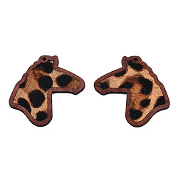 Eco-Friendly Cowhide Leather Big Pendants, with Dyed Wood, Horse Head with Leopard Print Pattern, Camel, 53.5x42x3mm, Hole: 2mm(FIND-N049-20G)