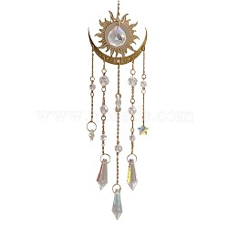 Metal Sun/Moon Pendant Decorations, Hanging Suncatchers, with Glass Cone/Teardrop Charms, for Outdoor Garden Decorations, Clear AB, 400mm(PW23111688299)