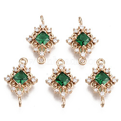 Brass Micro Pave Cubic Zirconia Links Connectors, with Glass, Long-Lasting Plated, Rhombus, Light Gold, Sea Green, 17x11x4mm, Hole: 1.2mm(X-KK-R111-014-A01)