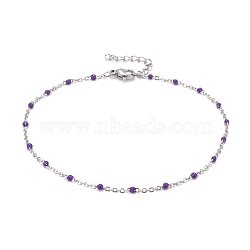 304 Stainless Steel Cable Chain Anklets, with Enamel and Lobster Claw Clasps, Stainless Steel Color, Purple, 230x2mm(AJEW-K030-01P-11)