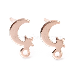 201 Stainless Steel Stud Earring Findings, with Horizontal Loop and 316 Stainless Steel Pin, Moon and Star, Real Rose Gold Plated, 11x7mm, Hole: 1.4mm, Pin: 0.7mm(STAS-K241-28RG)