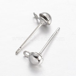Brass Stud Earring Findings, with Horizontal Loops, Half Round, Platinum, 6.5x4mm, Hole: 1mm, Pin: 0.8mm(KK-F371-34P-A)