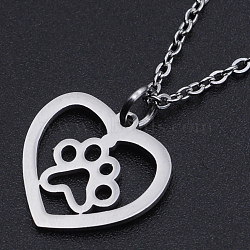 201 Stainless Steel Pendant Necklaces, with Cable Chains and Lobster Claw Clasps, Heart with Dog Paw Prints, Stainless Steel Color, 15.74 inch(40cm), 1.5mm(NJEW-S105-JN581-40-1)