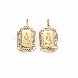 Brass Micro Pave Clear Cubic Zirconia Pendants, Nickel Free, Real 18K Gold Plated, Rectangle with Letter, Letter.A, 16x9.5x2mm, Jump Ring: 5x0.5mm, Inner Diameter: 3mm(KK-S356-767A)