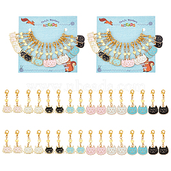 Cat Head & Heart Pendant Stitch Markers, Alloy Enamel & Brass Crochet Lobster Clasp Charms, Locking Stitch Marker with Wine Glass Charm Ring, Mixed Color, 4~4.2cm, 2 style, 8pcs/style, 16pcs/set(HJEW-AB00393)