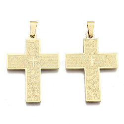 201 Stainless Steel Big Pendants, Cross with Word Padre Nuestro, Real 18K Gold Plated, 38x26x1mm, Hole: 3x6.5mm(X-STAS-R115-16G)