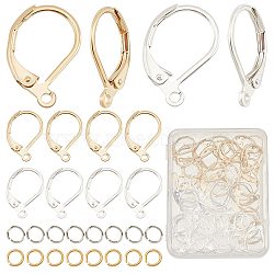 60Pcs 2 Colors Brass Leverback Earring Findings, with Horizontal Loops & 60Pcs Jump Rings, Mixed Color, 15.6x10x2mm, Hole: 1.4mm, Pin: 0.8mm, 30Pcs/color(KK-CN0002-36)