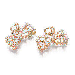 (Holiday Stock-Up Sale)Alloy Claw Hair Clips, with ABS Plastic Imitation Pearl, Bowknot, Light Gold, White, 50x32.5x27.5mm(PHAR-T001-10LG)