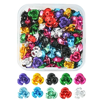 150Pcs Aluminum 3D Rose Flower, Tiny Metal Beads, Mixed Color, 9x5mm, Hole: 1mm