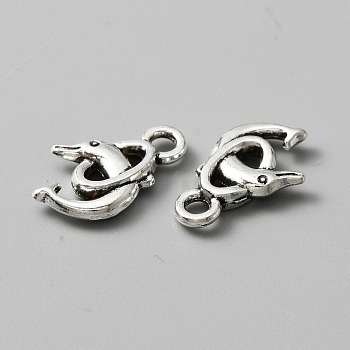 Tibetan Style Alloy Pendants, Dolphin with Oval Charms, Antique Silver, 19x12x3mm, Hole: 2.5mm