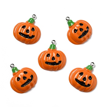 Halloween Opaque Resin Pendants, with Platinum Tone Iron Loops, Pumpkin with Evil Face, Dark Orange, 30x26x6.5mm, Hole: 2mm