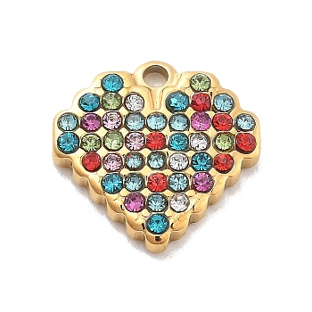 304 Stainless Steel Rhinestone Charms, Heart, Ion Plating(IP), Real 14K Gold Plated, Colorful, 11.5x11.5x2mm, Hole: 1mm