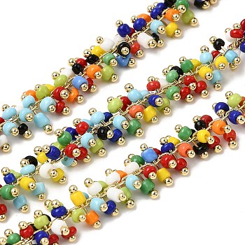 Handmade Glass Seed Beaded Cluster Chains, with Real 18K Gold Plated Brass Chain, Soldered, Colorful, 7.5mm
