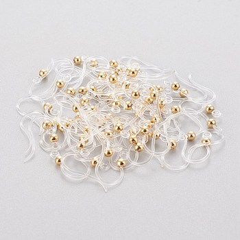 Eco-Friendly Plastic Earring Hooks, with 304 Stainless Steel Beads and Horizontal Loop, Round, Real 18K Gold Plated, 15.5x8x0.7mm, Hole: 1.2mm, Pin: 0.5mm
