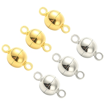 20 Sets 2 Colors Brass Magnetic Clasps, Nickel Free, Round, Platinum & Golden, 11.5x6mm, Hole: 1.2mm, 10 sets/color