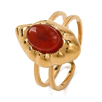 Oval Natural Carnelian Finger Rings, Horse Eye Golden Tone 304 Stainless Steel Cuff Rings for Women, Horse Eye: 17x11mm, Inner Diameter: Adjustable