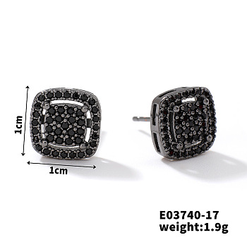 Chic Brass Cubic Zirconia Stud Earrings, Fashionable and Versatile Accessories, Square, Black, 10x10mm