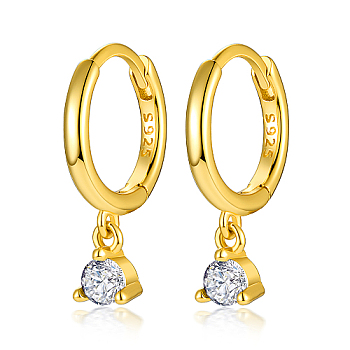 Real 18K Gold Plated 925 Sterling Silver Hoop Earrings, with Cubic Zirconia Diamond Charms, with S925 Stamp, Clear, 17mm