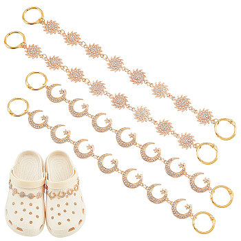 Sun & Moon with Star Shoe Decoration Chain, Alloy Rhinestone Link Shoe Chain,  with Iron Book Binder Hinged Rings, Light Gold, 112~125mm, 2 style, 2pcs/style, 4pcs/set