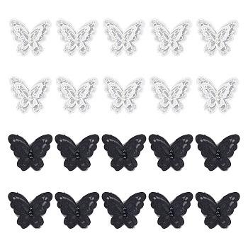 20Pcs 2 Colors Sew on 3D Double Layer Butterfly Appliques, with Plastic Pearl, Polyester Embroidery Appliques, Sewing Craft Decoration, Mixed Color, 56x66x1mm, 10pcs/color