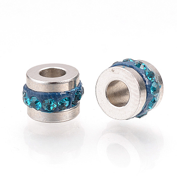 201 Stainless Steel Rhinestone Beads, Column, Blue Zircon, 7x5mm, Hole: 3mm