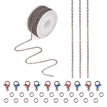 DIY Chain Jewelry Set Making Kit, Including Rainbow Color Ion Plating(IP) 304 Stainless Steel 5M Cable Chains & 10Pcs Clasps & 20Pcs Jump Rings, 1Pc Plastic Spool, Rainbow Color, Cable Chain: 2x2x0.5mm