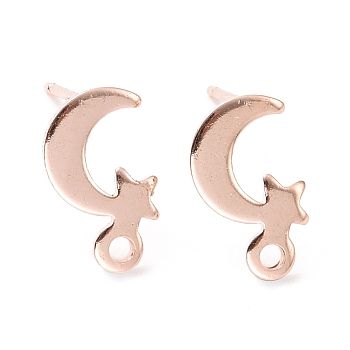 201 Stainless Steel Stud Earring Findings, with Horizontal Loop and 316 Stainless Steel Pin, Moon and Star, Real Rose Gold Plated, 11x7mm, Hole: 1.4mm, Pin: 0.7mm