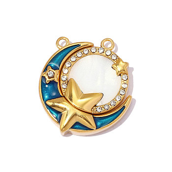 304 Stainless Steel Enamel Pendants, Hand Polished Moon & Star Charm, with Shell & Rhinestone, Real 18K Gold Plated, Ion Plating(IP), Long-Lasting Plated, Blue, 18x17mm,Hole:1.20mm