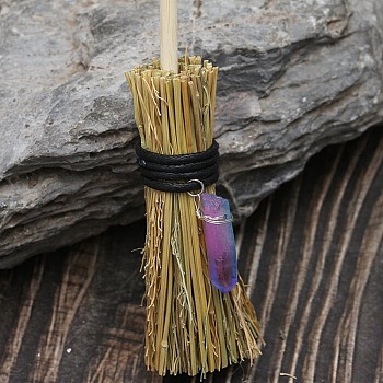Mini Witch Wiccan Altar Broom with Dyed Natural Crystal  Wand, Halloween Healing Wiccan Ritual Decor, Violet, 150x25mm