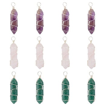 4 Sets Natural Amethyst & Green Aventurin & Rose Quartz Double Terminal Pointed Pendants, Faceted Bullet Charms with Silver Color Plated Eco-Friendly Copper Wire Wrapped, 41x12x11mm, Hole: 3.6mm, 3pcs/set