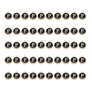 Golden Plated Alloy Charms, with Enamel, Enamelled Sequins, Flat Round, Black, Letter.P, 14x12x2mm, Hole: 1.5mm, 50pcs/Box