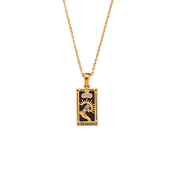 Rhinestone Tarot Card Pendant Necklace with Enamel, Golden Stainless Steel Jewelry for Women, The Magician I, 19.69 inch(50cm)