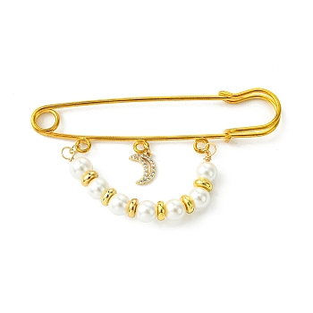 Shell Pearl & Brass Beaded Brooch, Moon Iron Safety Kilt Pin Brooch, Golden, 45x75x65mm