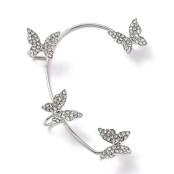 Butterfly Crystal Rhinestone Cuff Earrings for Girl Women Gift, Brass Earrings for Non-Piercing Ear, Platinum, 58x43x11mm