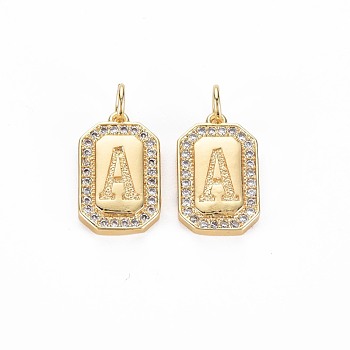 Brass Micro Pave Clear Cubic Zirconia Pendants, Nickel Free, Real 18K Gold Plated, Rectangle with Letter, Letter.A, 16x9.5x2mm, Jump Ring: 5x0.5mm, Inner Diameter: 3mm