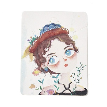 Rectangle Girl Print Paper Earring Necklace Display Card, Jewelry Display Card for Earring Necklace Storage, Snow, 6.5x5x0.05cm, Hole: 5mm and 2.5mm