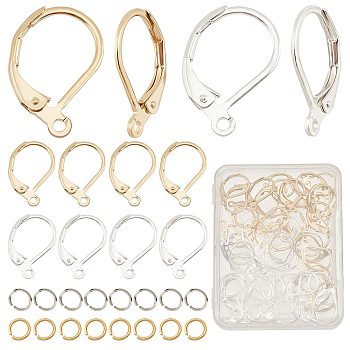 60Pcs 2 Colors Brass Leverback Earring Findings, with Horizontal Loops & 60Pcs Jump Rings, Mixed Color, 15.6x10x2mm, Hole: 1.4mm, Pin: 0.8mm, 30Pcs/color