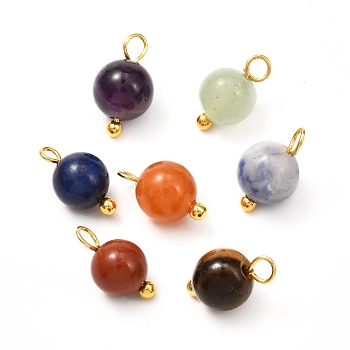 Natural Mixed Gemstone Charms, Golden Brass Findings, Round, 11x6.5mm, Hole: 1.8mm