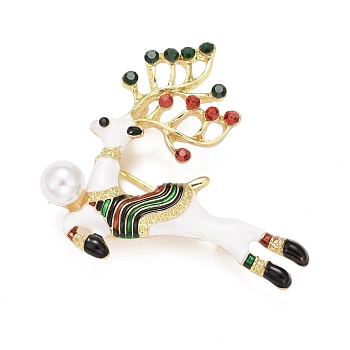 Alloy Reindeer Brooch with Plastic Pearl for Christmas, Colorful Rhinestone Badge for Backpack Clothes, Golden, 45x49x13mm