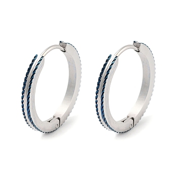 304 Stainless Steel Textured Huggie Hoop Earrings for Women, with 316 Surgical Stainless Steel Ear Pins, Blue & Stainless Steel Color, 2x19.5mm